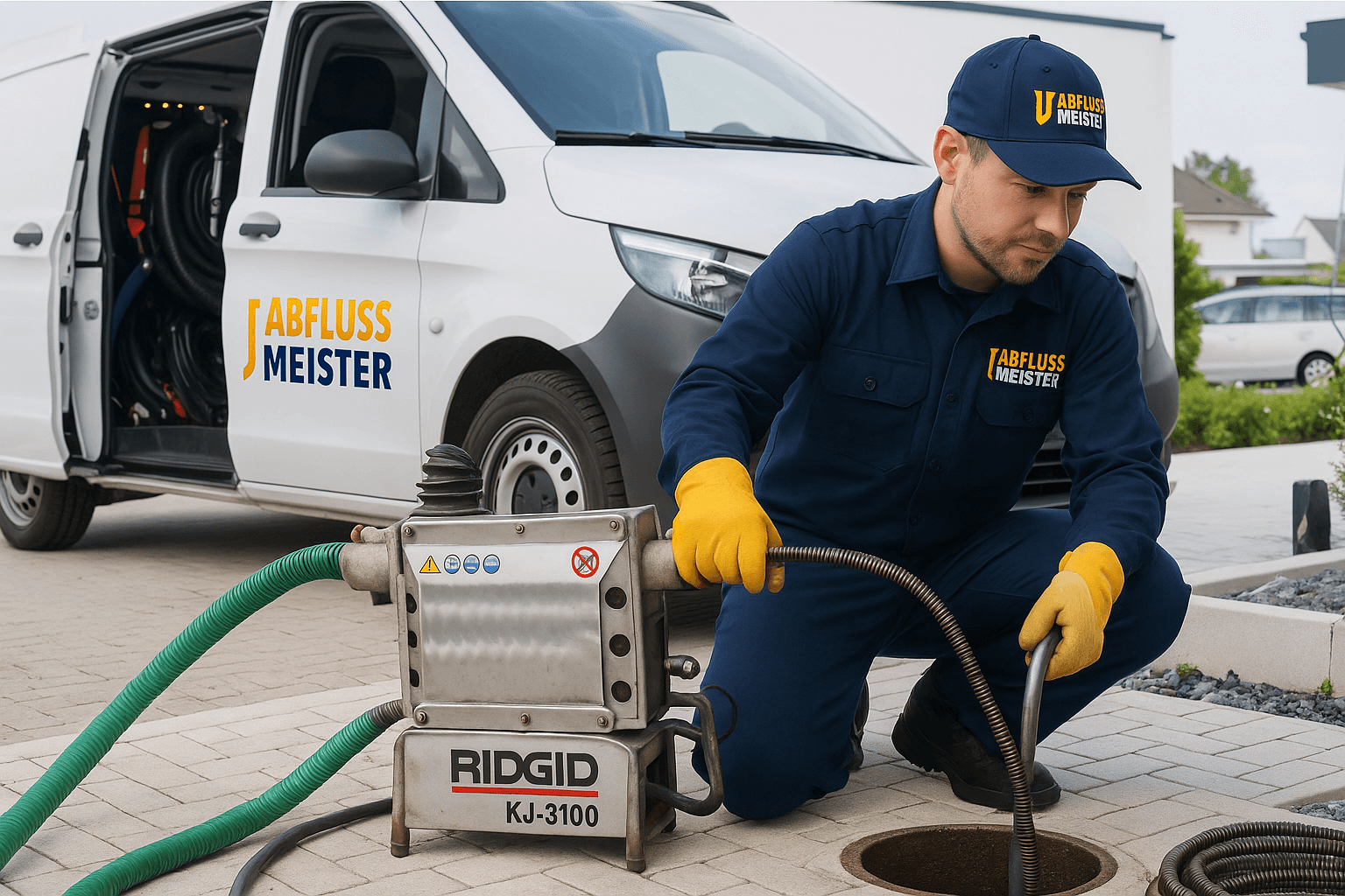 Abflussmeister mit Einsatzwagen